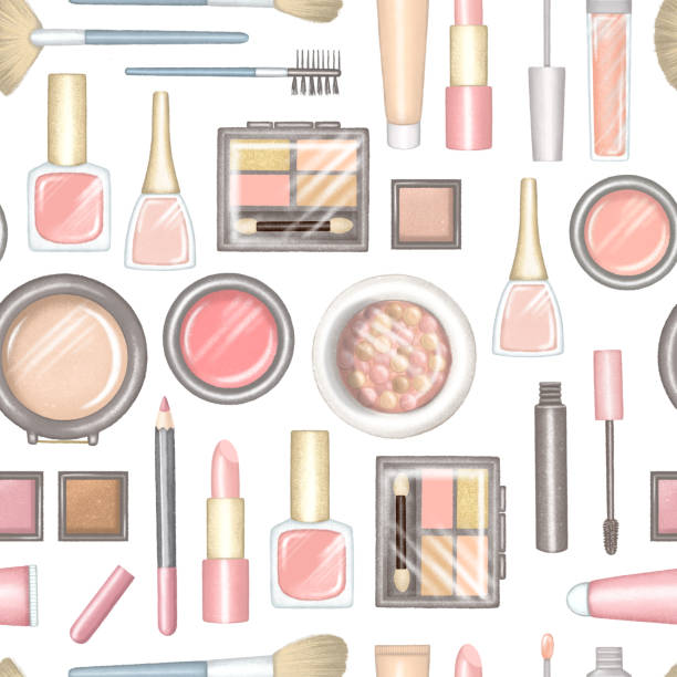 illustrations, cliparts, dessins animés et icônes de modèle sans couture avec des paquets différents de dessin animé pour des cosmétiques décoratifs - seamless make up blush cosmetics