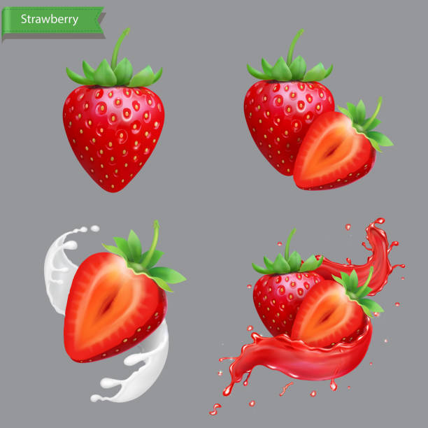 ilustrações de stock, clip art, desenhos animados e ícones de whole and slice strawberry set, strawberry in juice realistic splash, sweet fruit milk or yogurt collection - morango