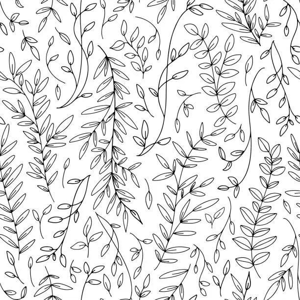 Vector illustration of Black leaves and branches seamless pattern. Monochrome decorative template texture with black leaves on the white background.