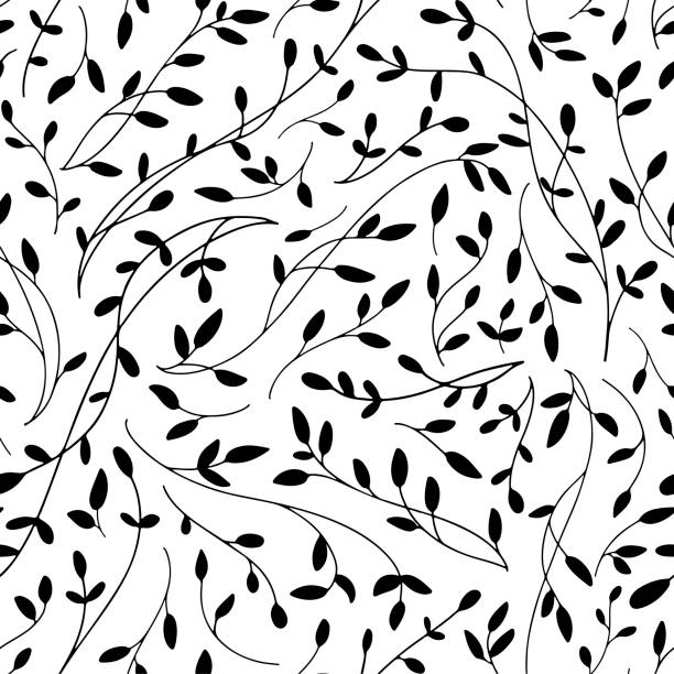 verwirrte dünne zweige vektor nahtlose muster. pflanze zweige silhouetten monocolor textur. - flower backgrounds tile floral pattern stock-grafiken, -clipart, -cartoons und -symbole