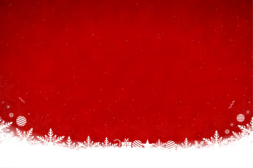 White colored snow and snowflakes at the bottom of a red horizontal background vector illustration. Can be used as Xmas , New Year's eve, New Year day background, wallpaper, gift wrapping sheet. Small glitter like or glittery dots shining here and there.