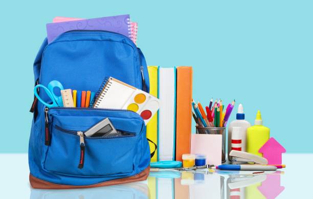 Backpack. School Backpack with stationery on background school supplies stock pictures, royalty-free photos & images