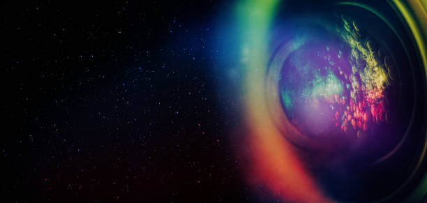 istock Beautiful abstract camera lens background multi colored glass reflection. Nebula dust in infinite space. Mixed media. Macro photography view. 1186134713