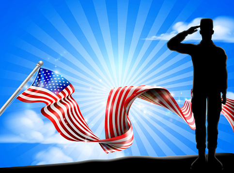 A patriotic soldier saluting while standing in front of an American flag ribbon background