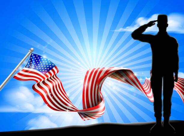 American Flag Patriotic Soldier Salute Background A patriotic soldier saluting while standing in front of an American flag ribbon background veterans day logo stock illustrations