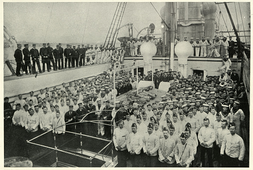 Vintage photograph of Royal navy crew of HMS Alexandra, at Portland, 19th Century