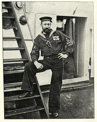Vintage photograph of a Royal Navy sailor, Petty officer Moore of HMS Blake, 1890s, 19th Century