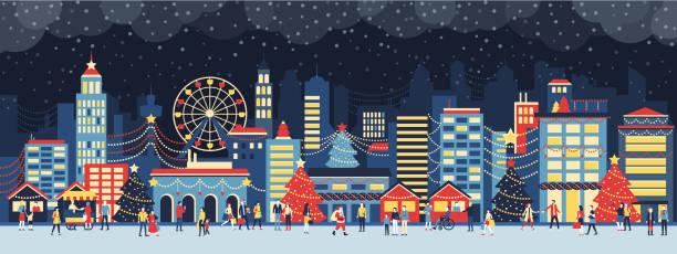 City and people at Christmas Colorful city with lights at Christmas, people are walking in the street and enjoying together the festive atmosphere at night, holiday and celebration concept illuminated illustrations stock illustrations