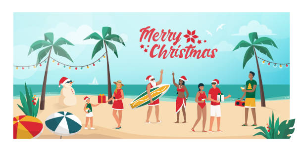 ilustraciones, imágenes clip art, dibujos animados e iconos de stock de gente celebrando la navidad en la emiesfera del sur - women sea cheerful surfing