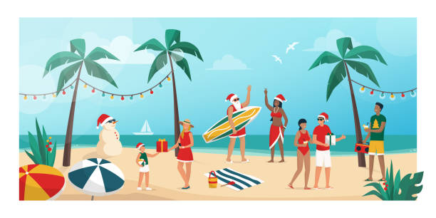 ilustraciones, imágenes clip art, dibujos animados e iconos de stock de gente celebrando la navidad en la emiesfera del sur - women sea cheerful surfing