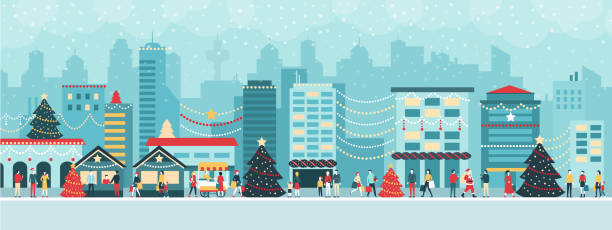 ilustrações de stock, clip art, desenhos animados e ícones de people in the city at christmas - light shop