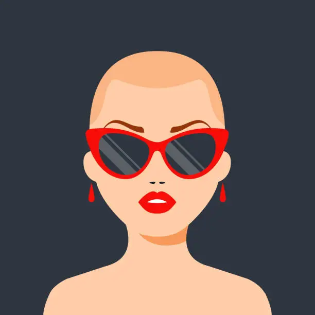 Vector illustration of fashionable bald girl with glasses and red lips