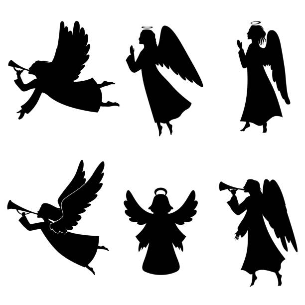 Christmas angel silhouette set Vector illustrations of silhouette Christmas silhouettes set trumpet player isolated stock illustrations
