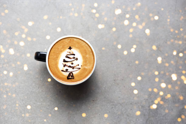 tasty cappuccino with christmas tree latte art - cappuccino latté coffee high angle view imagens e fotografias de stock