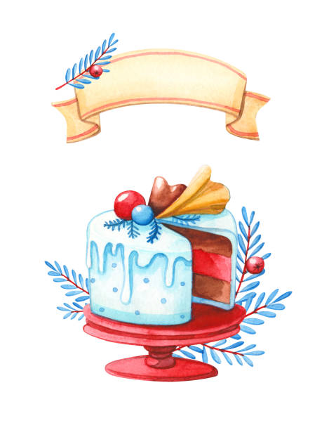 layer cake on red vintage stand and blank banner Hand drawn watercolor illustration clipart set of design layer cake on red vintage stand and blank banner isolated on white. Christmas, winter holidays and food christmas menu template clip art stock illustrations