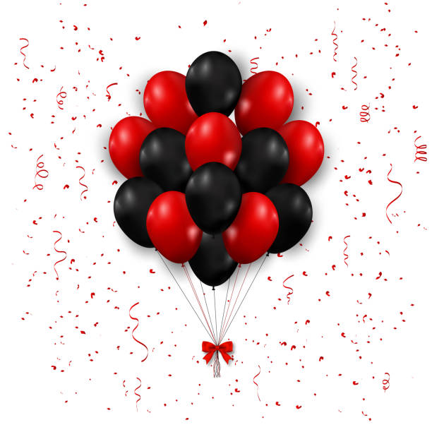 istock Red and black balloons, vector illustration. Confetti and ribbons, Celebration background template concept. 1186144184