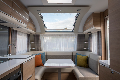 indoor of new expensive caravan with big roof window