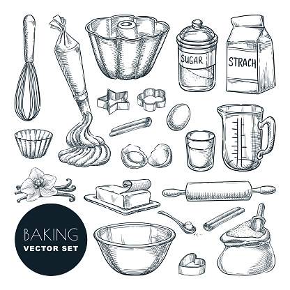 Baking tools and ingredients. Vector hand drawn sketch illustration. Cooking and recipe design elements set, isolated on white background. Kitchen utensils for pastry.