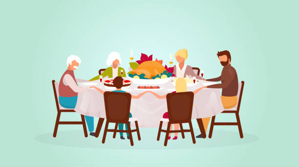 ilustraciones, imágenes clip art, dibujos animados e iconos de stock de ilustración vectorial plana del día de acción de gracias. celebración de las vacaciones de otoño. comer comida festiva juntos. celebrando la cosecha con los abuelos. feliz cena familiar con personajes de dibujos animados de pavo - cena familiar