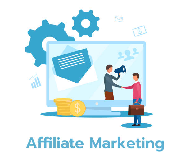 affiliate-marketing flache vektor-illustration. produkt-, service-promotion. einnahmen aus der verkaufsgenerierung. leistungsbasiertes geschäftsmodell. isolierte zeichentrickfigur auf weißem hintergrund - marketing affiliate internet business stock-grafiken, -clipart, -cartoons und -symbole