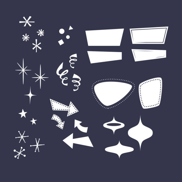 Geometric shapes in the style of the 50s: arrows, rhombuses, lines, clouds, stars, snowflakes, triangles. Overlays, comic style forms. Geometric shapes in the style of the 50s: arrows, rhombuses, lines, clouds, stars, snowflakes, triangles. Overlays, comic style forms. retro style stock illustrations