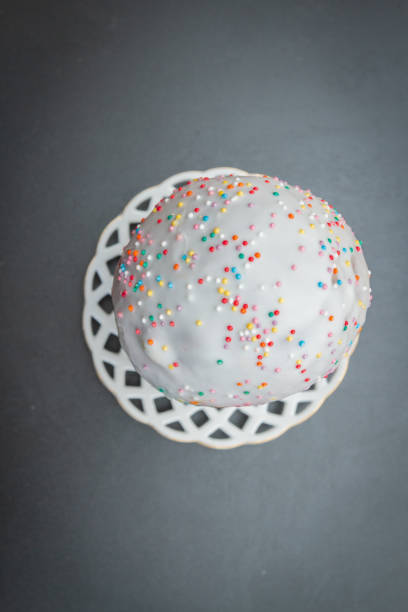 istock Easter spring cake in white glaze with colored sprinkles 1186154464