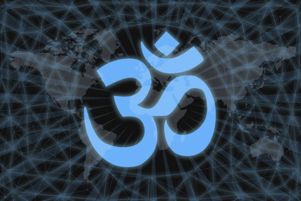 illustrazioni stock, clip art, cartoni animati e icone di tendenza di simbolo om, su sfondo nero con mappa del mondo e rete. concetto di religione mondiale. - om symbol shiva hinduism india