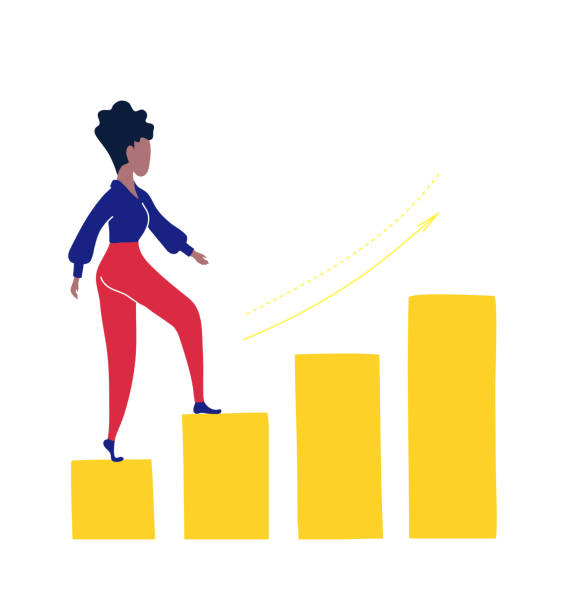Business woman climbing the career ladder. She purposefully goes to her goal. Business woman climbing the career ladder. She purposefully goes to her goal. Motivational concept girl climbing ladder stock illustrations