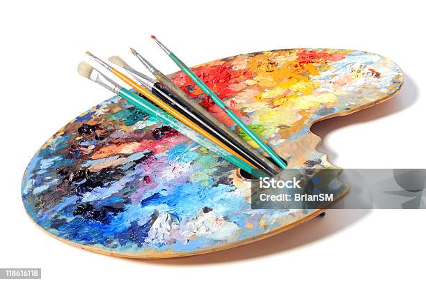 Artists Palette With Brushes Stock Photo - Download Image Now - Artist's Palette, Paintbrush, Art