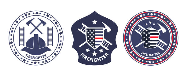 Fire Prevention Awareness Month is organised in USA. Ladder, helmet, tools, shield with American flag are shown. Fire Prevention Awareness Month is organized in USA. Ladder, helmet, tools, shield with American flag are shown. Trendy round emblem vector of firefighters for banner, icon, web, logo. ems logo stock illustrations