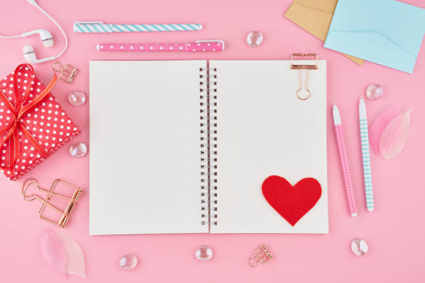 istock BlanThe concept of writing note, letters for Valentine's Day. Notepad page in bullet journal on bright pink office desktop. Top view of modern table with notebook. Mock up, copy space 1186162161