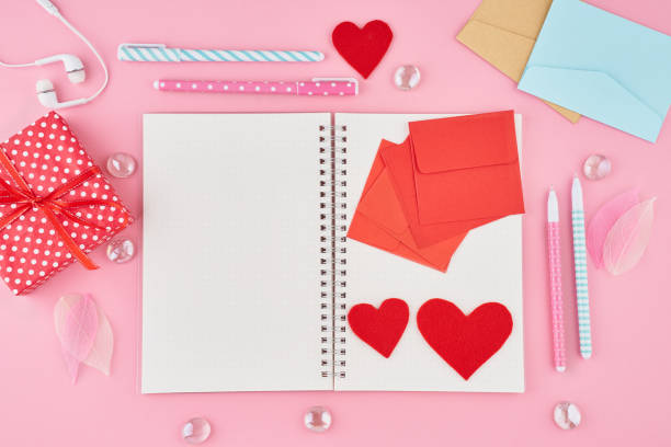 istock BlanThe concept of writing note, letters for Valentine's Day. Notepad page in bullet journal on bright pink office desktop. Top view of modern table with notebook. Mock up, copy space 1186162179