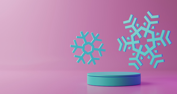 Blue blank product stand and snow flake icon on pink background. Geometric figures in modern minimal design. Realistic mock up for promotion,banners background, product show,3d rendering
