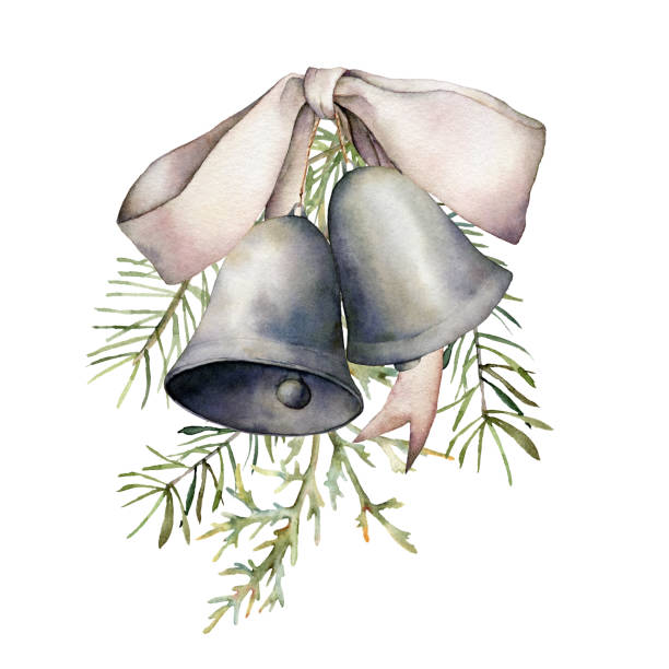 ilustrações de stock, clip art, desenhos animados e ícones de watercolor christmas composition with silver bells and bow. hand painted holiday decor with fir branch isolated on white background. vintage illustration for design, print, fabric or background. - fir branch