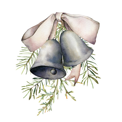 Watercolor Christmas composition with silver bells and bow. Hand painted holiday decor with fir branch isolated on white background. Vintage illustration for design, print, fabric or background