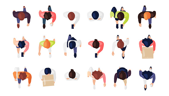 Top view of people set isolated on a white background. Men and women. View from above. Male and female characters. Simple flat cartoon design. Realistic vector illustration.