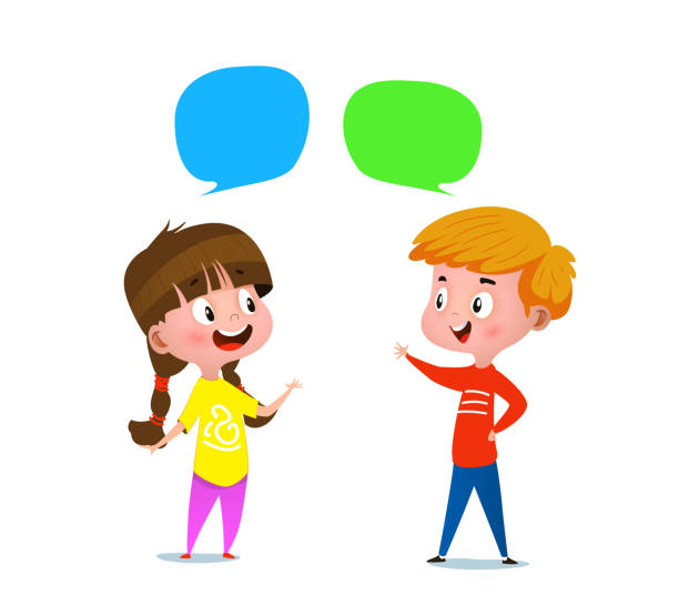 мальчик и девочка разговаривают друг с другом - men drawing cheerful friendship stock illustrations