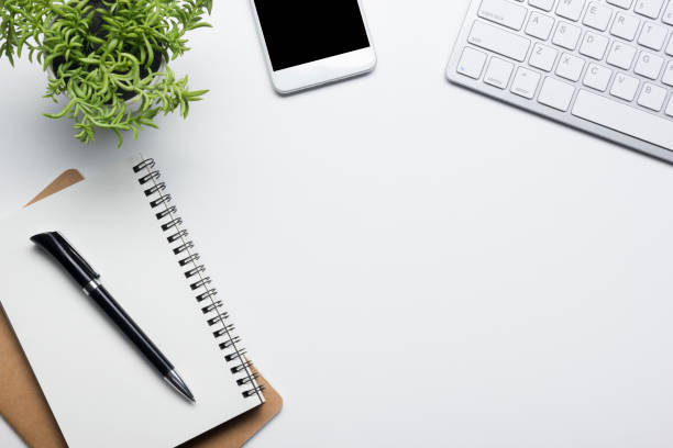 istock Office desk table with supplies. Flat lay Business workplace and objects. Top view. Copy space for text 1186168185