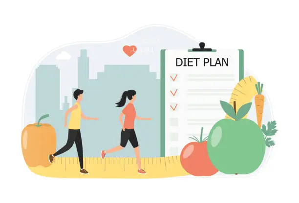 Vector illustration of Young people play sports, run, eat right. Concept diet plan, weight control, vegetarianism, nutritionist advice. Healthline nutrition organic diet. Vector flat illustration.