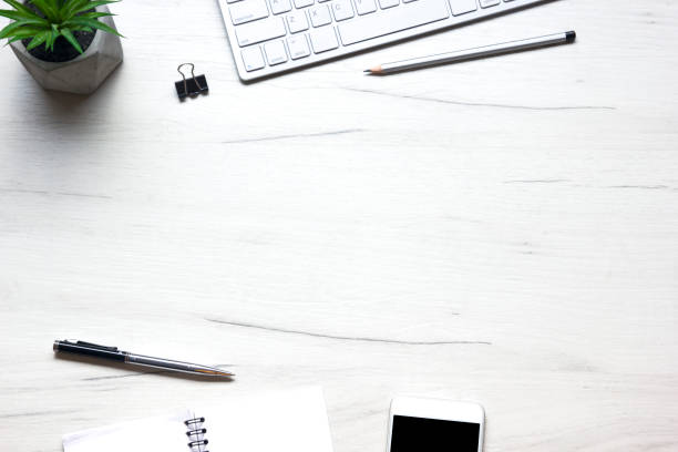 istock Office desk table with supplies. Flat lay Business workplace and objects. Top view. Copy space for text 1186168253