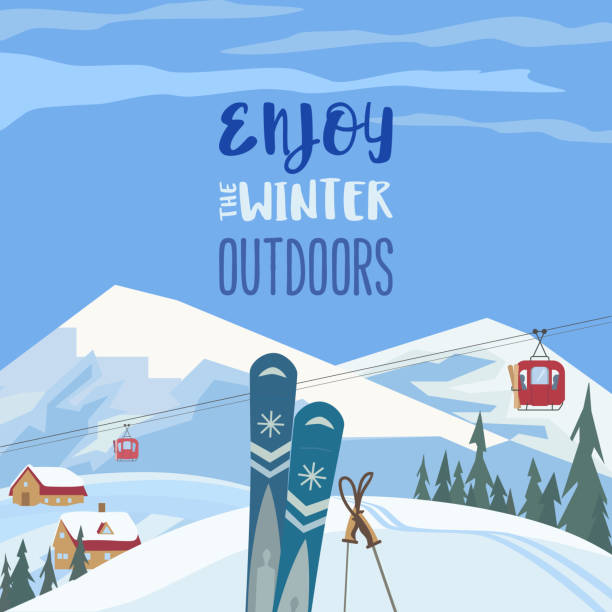 Enjoy winter outdoors retro style vector poster Mountain cable car station. Retro ski cableway, mountain snow ski resort poster background concept. Winter extreme skiing sport, fun activity advertisement template. Nature outdoor vector illustration winter sport stock illustrations