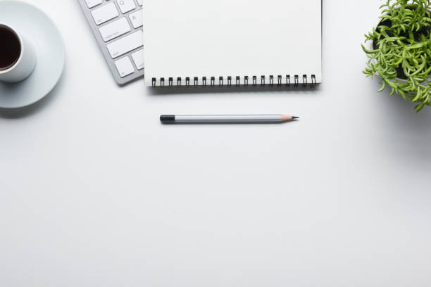 istock Office desk table with supplies. Flat lay Business workplace and objects. Top view. Copy space for text 1186169082