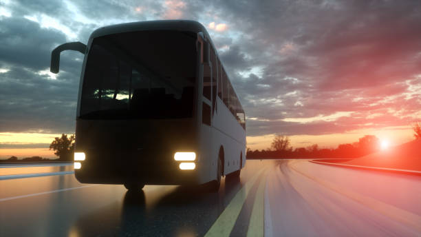 istock Touristic bus on highway. Transport and travel concept. 3d rendering 1186169094