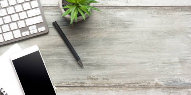 istock Office desk table with supplies. Flat lay Business workplace and objects. Top view. Copy space for text 1186169218