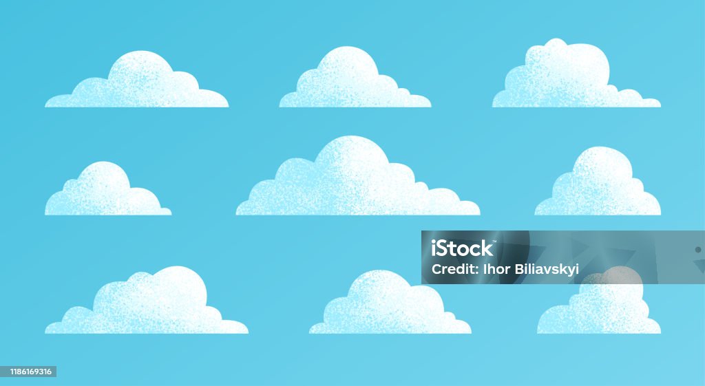 Clouds set isolated on a blue background. Simple cute cartoon design. Modern icon or logo collection. Realistic elements. Flat style vector illustration. - Royalty-free Nuvem - Céu arte vetorial