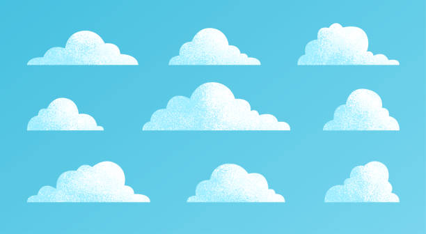 облака, расположенные изолированными на синем фоне. простой милый дизайн мультф ильма. современная коллекция иконок или логотипов. реалист� - векторная графика иллюстрации stock illustrations