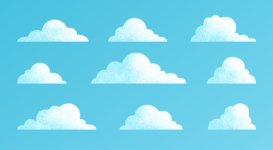 Clouds set isolated on a blue background. Simple cute cartoon design. Modern icon or logo collection. Realistic elements. Flat style vector illustration.