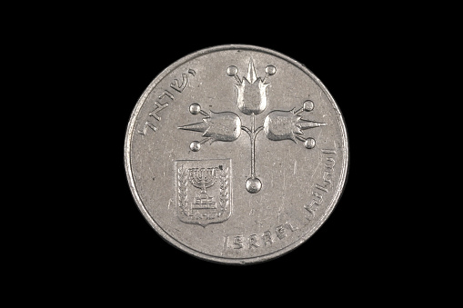 A macro image of a United Arab Emirates one dirham coin isolated on a black background
