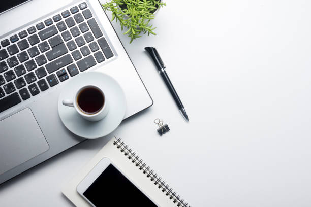 istock Office desk table with supplies. Flat lay Business workplace and objects. Top view. Copy space for text 1186169551