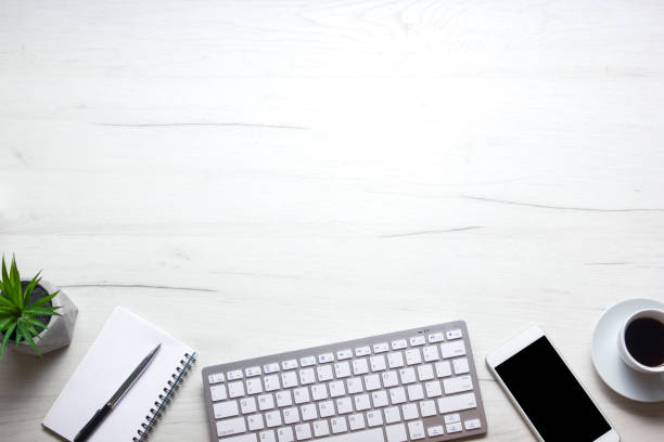 istock Office desk table with supplies. Flat lay Business workplace and objects. Top view. Copy space for text 1186169573